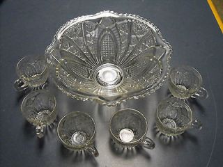 IMPERIAL GLASS CO PRESSED CLEAR CRYSTAL GLASS 12 PUNCH BOWL & 6 CUPS