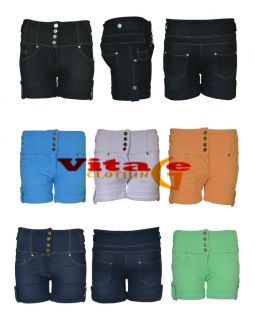 Womens Ladies High Waisted Coloured Denim Hot Pants Turn Up Shorts 8