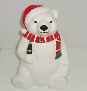 1996 Coca Cola Coke Polar Bear Ceramic Cookie Jar with Santa Hat