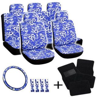 20pc Set Blue Hawaii Floral Black SUV Seat Covers Wheel+Belt Pads+Head