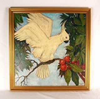 Tropical Art Deco Oil Painting Cockatiel Bird on Branch sgnd Sam Smith