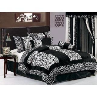Black White Micro Fur Zebra Giraffe Comforter Set W/ 2 Curtain Set