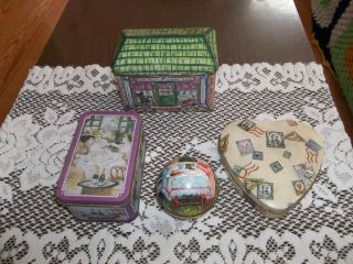 LOT OF 4 COLLECTIBLE METAL TINS, STAMPS, GENERAL STORE, GIRLS AT PLAY