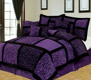 7Pcs King Safari Purple and Black Patchwork Micro Suede Comforter Set