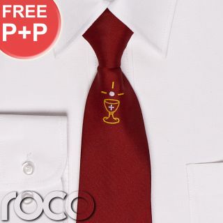 Boys Holy Communion Claret Red Blue Satin Clip On Tie with Chalice