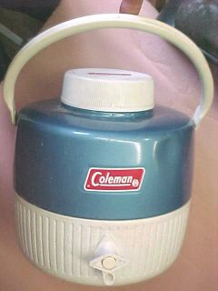 Vintage one gallon Blue Coleman water cooler 6 74 June 1974 with cup