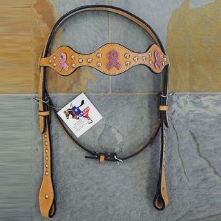 WESTERN LEATHER HORSE HEADSTALL W/ BREAST CANCER BLING PINK CONCHO