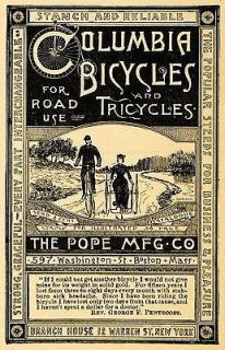 1885 Ad Pope Mfg Columbia Bicycle Tricycle Copeland NY   ORIGINAL