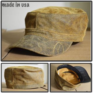 100% DISTRESS LEATHER ARMY CADET MILITARY BASEBALL CAP HAT MADE IN USA
