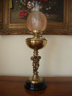 TALL BRASS FIGURAL CHERUB TABLE OIL LAMP   ELECTRIC CONVERTED C1880
