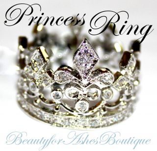 FOR ASHES FLEUR DE LIS ROYALTY PRINCESS CLEAR CZ CROWN OF LIFE RING