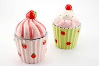 Pair of Small Cupcake Ceramic Storage Jars   Pink / Strawberry & Green
