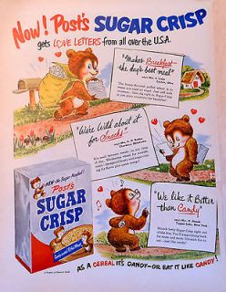 1950 color ad for Post Sugar Crisp cereal   featuring the Sugar Bear