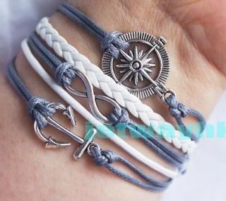 Silver Infinity Anchor Compass Charms leather Wrap bracelet Gray White