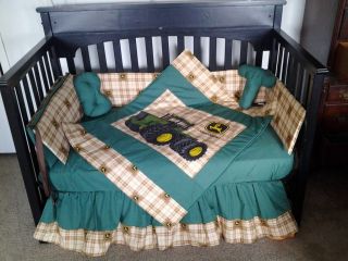 Custom made JOHN DEERE Brown Plaid Crib Bedding Set