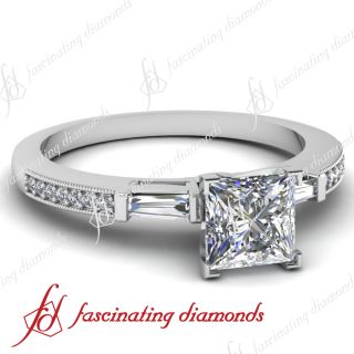 Pave Set Princess Cut Trinity Diamond Engagement Ring W Milgrain
