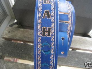 BLUE GUITAR STRAP DOLPHINS HAND TOOLED PERSONALIZED