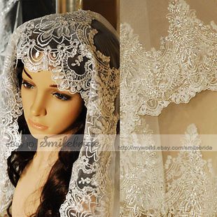 Three dimensio nal lace Ivory / White Mantila embroidered with sequi