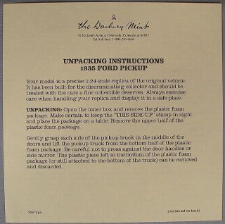 Danbury Mint 1935 Ford Pickup Unpacking Instructions