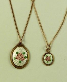 MOTHER DAUGHTER NECKLACE JEWELRY VINTAGE BRASS PINK FLOWER GUILLOCHE