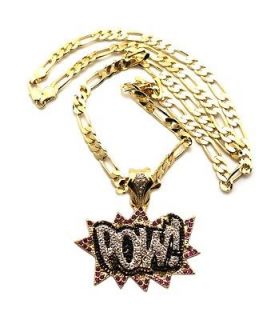 BRAND NEW~ HIP HOP ICED OUT POW PENDANT W/ 4MM 24 FIGARO CHAIN