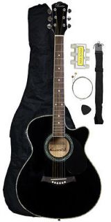 Thinline Cutaway Folk Acoustic Electric Guitar w/ Accessories   Black