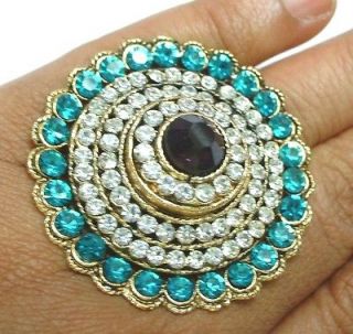 Turquoise purple huge wedding cz gold tone adjustable finger ring r5