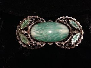 NOUVEAU Period Vintage Enamel Green Art Glass Silver Ornate Pin Brooch
