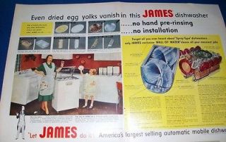 1953 James mobile dishwasher vintage kitchen Ad ~ housewife wears
