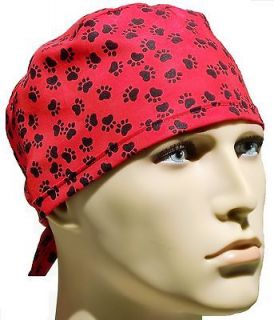 BLACK PAWS ON RED CLASSIC MENS SURGICAL SCRUB HAT CAP WITH BUILT IN