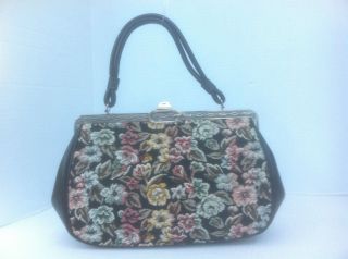 Vintage Dover Black with Floral Tapestry Handbag Purse