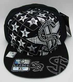 Dollar Sign Star Cap Hat Black Silver Rhinestones SzXL 7 5/8 7 3/4