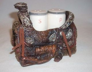 Ornate Western Kitchen Decor Saddle Salt & Pepper Shaker Set Holder