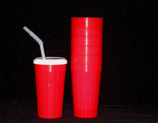 12 RED TUMBLERS LIDS & STRAWS LARGE 32 OZ PLASTIC DRINKING GLASSES MFG
