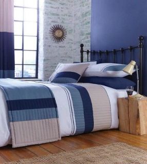 Blue Beige & White Striped Boys Bedding / Bed Linen or Curtains