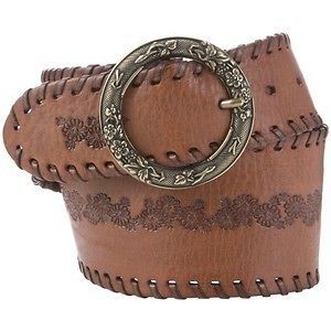 Lady/Women Fossil Flower Embossed Circle Buckle Belt Real Leather Tan