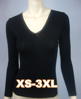 XS 3XL Women Long Sleeve BLACK 100% Merino Wool Underwear office wear