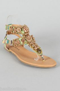 LILIANA Jeweled Beaded Flat T strap Gladiator Sandals Tribal Print