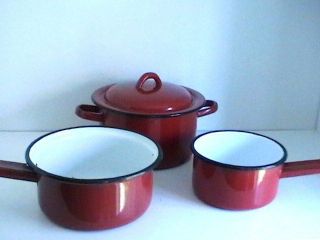 Set Three Pieces of RED & WHITE Enamelware Pans & Covered Pot Vintage