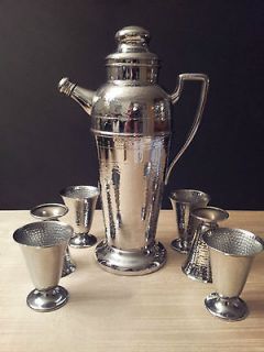 Chrome Cocktail Shaker and 6 cup set in the Art Deco hammered style