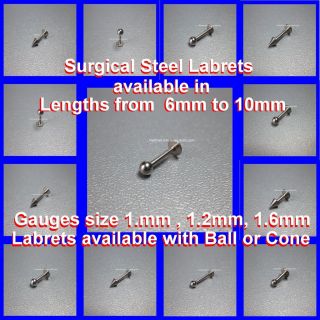 Tragus & Lip Labrets Studs Gauge 1mm, 1.2mm, 1.6mm Lengths 6mm, 8mm