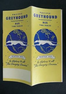 1953 Pacific Greyhound transcountinental Bus schedules time tables map