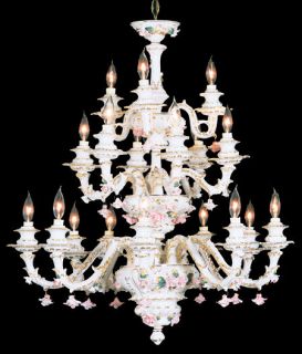 NEW CAPODIMONTE Chandelier w/18 Arms White/Gold Roses Made in Italy