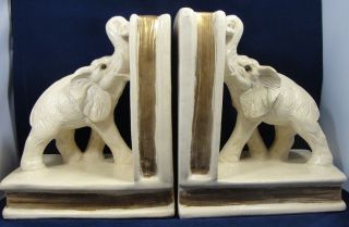 Vintage Ceramic Elephant Bookends 8.5 x 7.25 Ivory & Gold Glaze Book