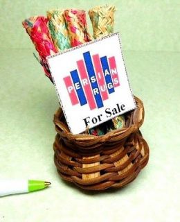 WICKER BASKET of PERSIAN RUGS FOR SALE, Dollhouse Miniature Size#F722