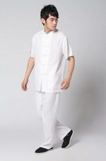 White New Summer Chinese Mens Linen Kung Fu Suit Shirt Pants M L XL