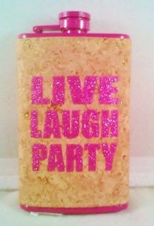 BLING PINK FLASK W/ CORK GLITTER WRAP & SAYS LOVE LAUGH PARTY IN