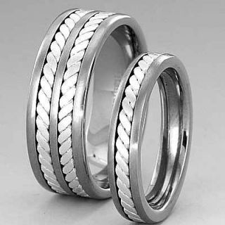 Mens Womens Titanium Braided Sterling Silver Strip Inlay Wedding 2