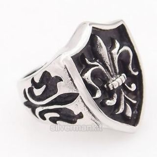 Mens Silver Black Fleur De Lis Knight Stainless Steel Ring ZR022 Size