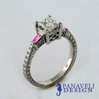 Vintage Style 1.10 ct Princess Cut Diamond & Pink Sapphire Engagement